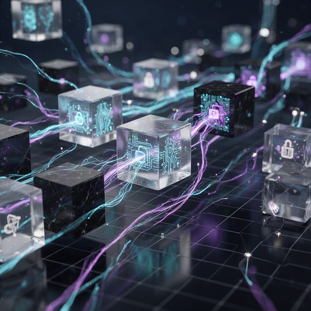 Abstract representation of a distributed ledger showing linked records and transaction blocks